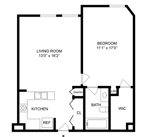 Floor plan for 1 bed, 1 bath