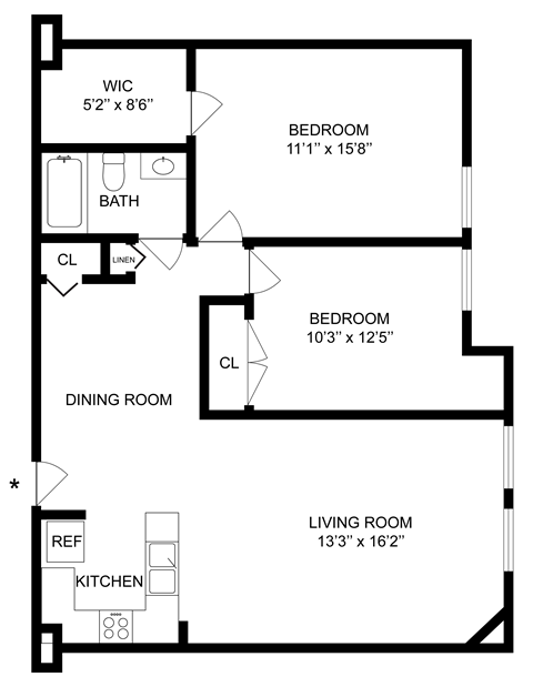 Floor plan for 2 beds, 1 bath