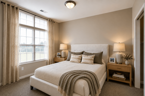 Dublin apartment for rent - Bedroom with upholstered bed and nightstands at Avondale Senior Village Apartments, Dublin, Ohio