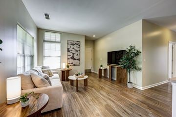 Dublin apartment for rent - A living room with a white couch and wooden floors.