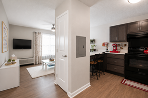 Orlando apartment for rent - A kitchen with a black stove top oven and a white door.