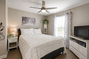 Orlando apartment for rent - A bedroom with a large bed, a ceiling fan, and a television.