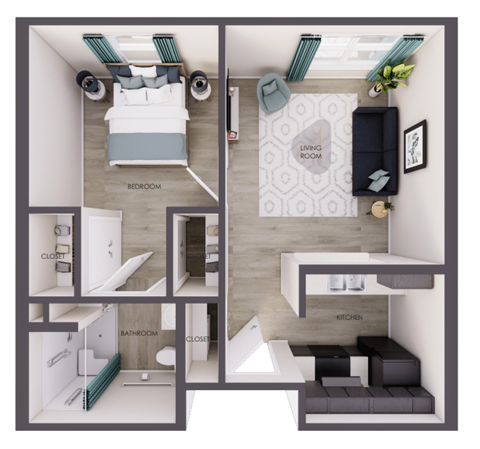 Floor plan for 1 bed, 1 bath