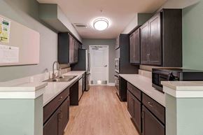 Fort Myers apartment for rent - A kitchen with dark brown cabinets and light wood floors.