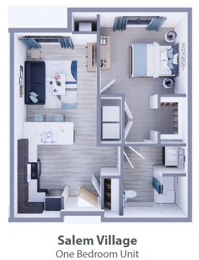 Floor plan for 1 bed, 1 bath, 708 sqft