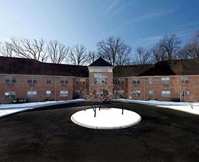 Whitehall apartment for rent - A courtyard with a tree in the middle and a building in the background.