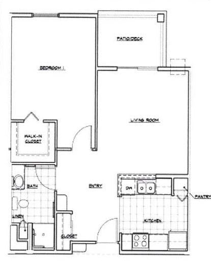 Floor plan for 1 bed, 1 bath, 675 sqft