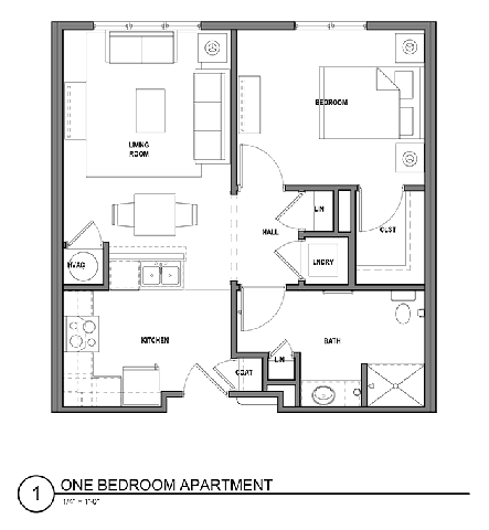 Floor plan for 1 bed, 1 bath, 650 sqft