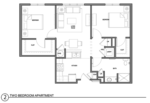 Floor plan for 2 beds, 1 bath