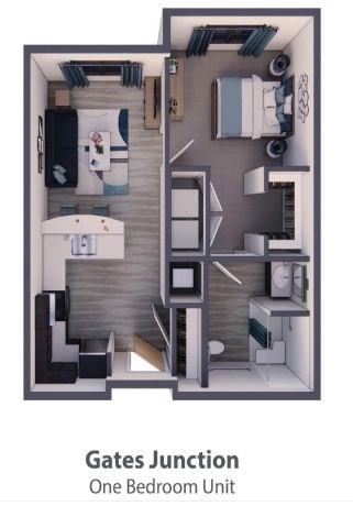 Floor plan for 1 bed, 1 bath, 657 sqft