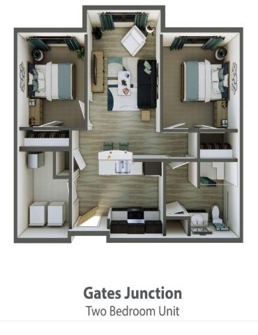 Floor plan for 2 beds, 1 bath, 883 sqft