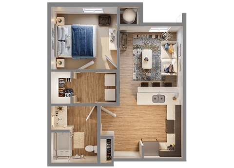 Floor plan for 1 bed, 1 bath, 681 sqft