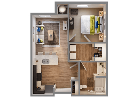 Floor plan for 1 bed, 1 bath, 667 sqft