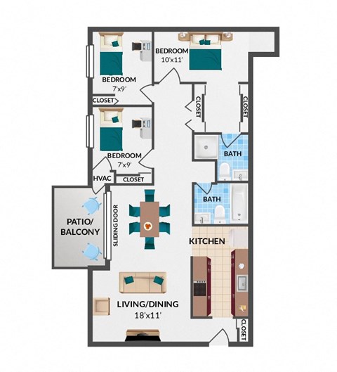 Floor plan for 1 bed, 1 bath, 940 sqft