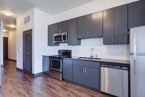 Chattanooga apartment for rent - A kitchen with black cabinets and stainless steel appliances.