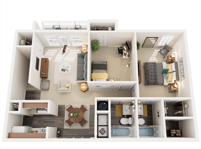 Floor plan for 2 beds, 2 baths, 906 sqft