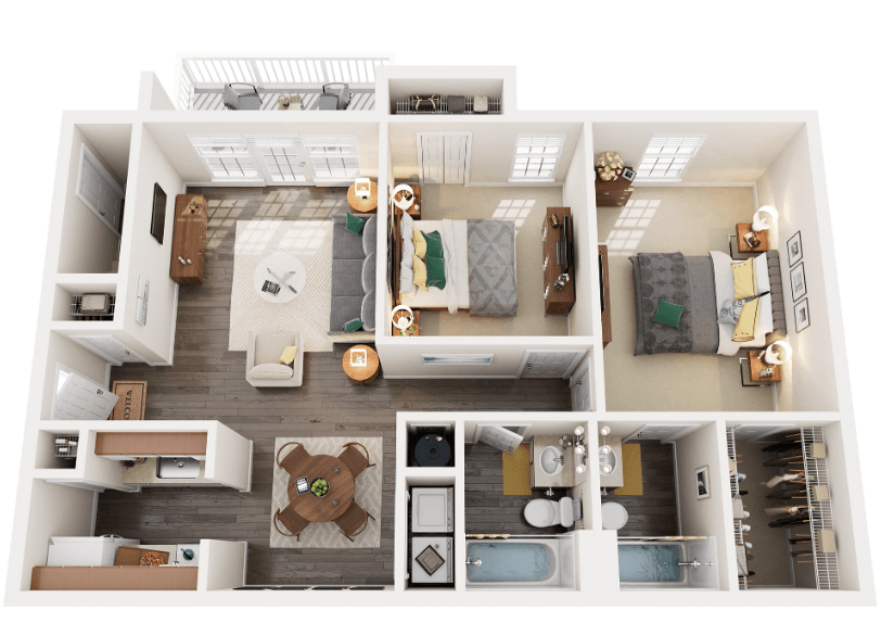 Floor plan for 2 beds, 2 baths, 940 sqft
