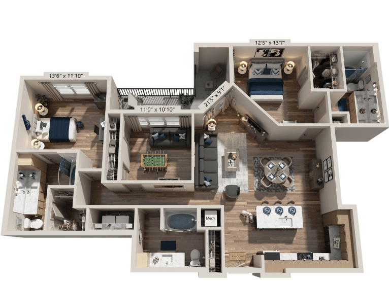 Floor plan for 3 beds, 3 baths, 1449 sqft