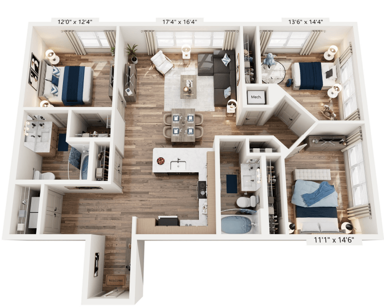 Floor plan for 3 beds, 2 baths, 1371 sqft