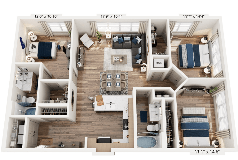 Floor plan for 3 beds, 2 baths, 1325 sqft