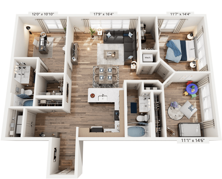 Floor plan for 3 beds, 2 baths, 1347 sqft