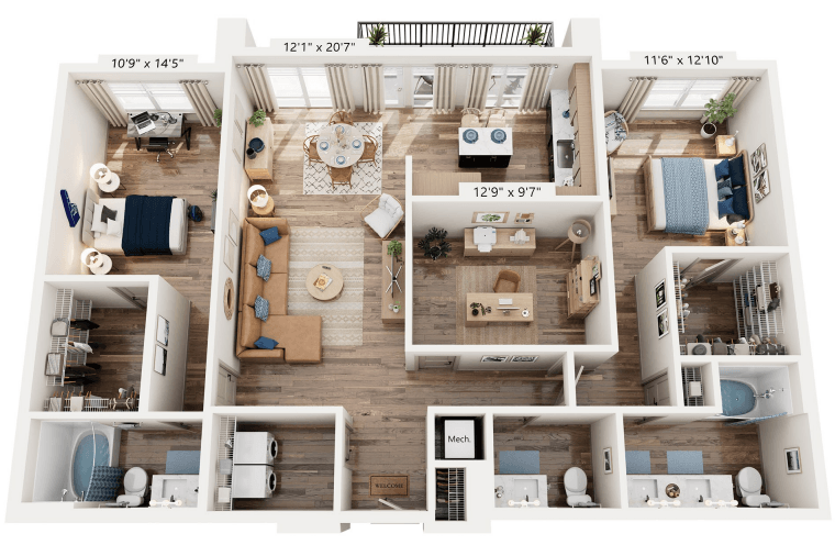 Floor plan for 2 beds, 2.5 baths, 1489 sqft