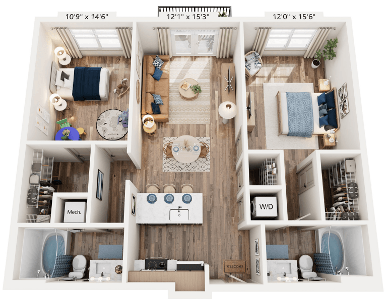Floor plan for 2 beds, 2 baths, 1026 sqft