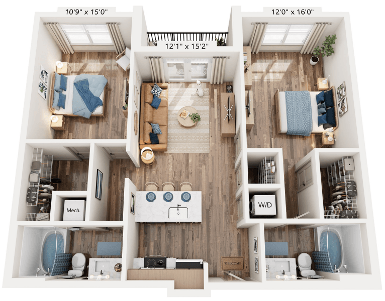 Floor plan for 2 beds, 2 baths, 992 sqft