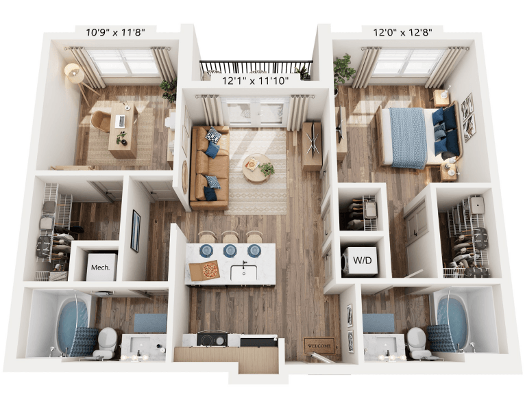 Floor plan for 2 beds, 2 baths, 874 sqft
