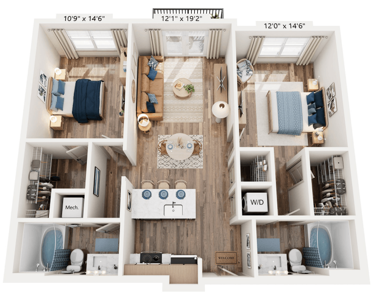 Floor plan for 2 beds, 2 baths, 1019 sqft