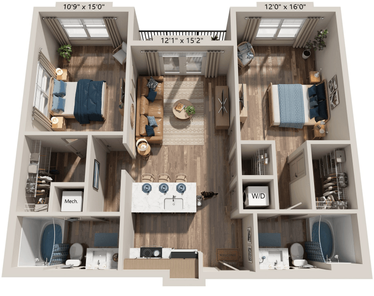 Floor plan for 2 beds, 2 baths, 992 sqft