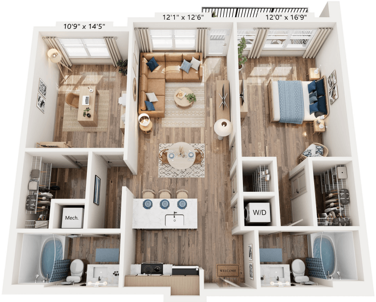 Floor plan for 2 beds, 2 baths, 1063 sqft