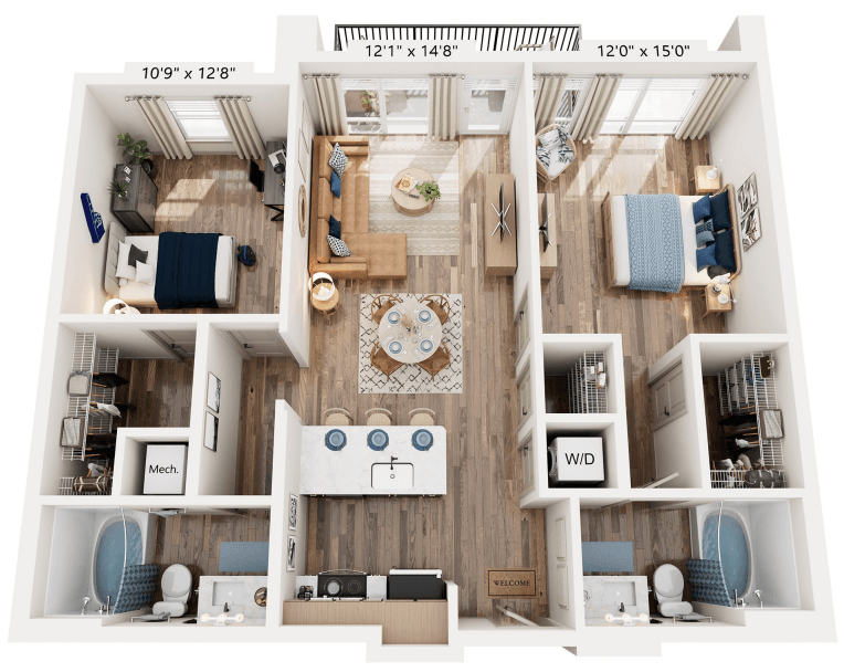 Floor plan for 2 beds, 2 baths, 999 sqft
