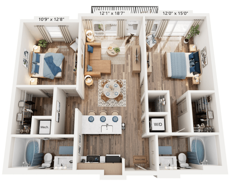 Floor plan for 2 beds, 2 baths, 998 sqft