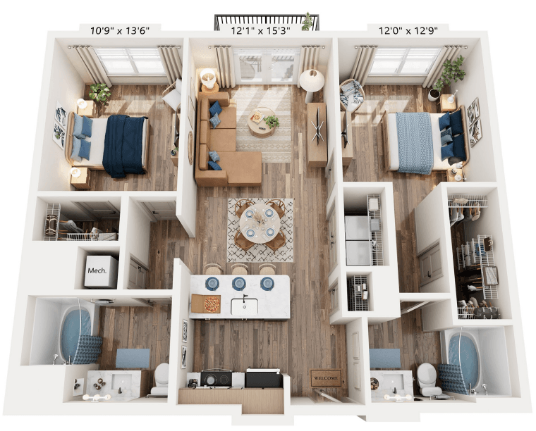 Floor plan for 2 beds, 2 baths, 1026 sqft