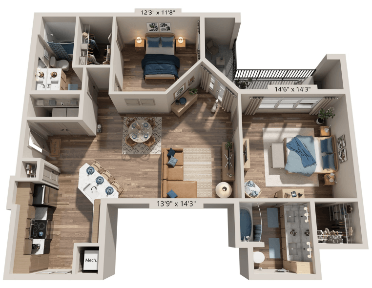 Floor plan for 2 beds, 2 baths, 1127 sqft