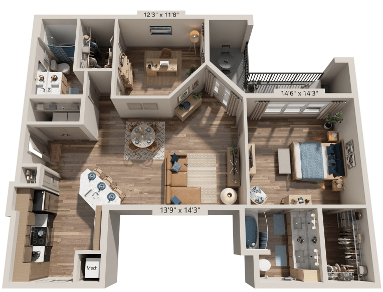 Floor plan for 2 beds, 2 baths, 1149 sqft