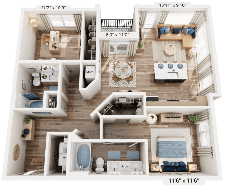 Floor plan for 2 beds, 2 baths, 1095 sqft
