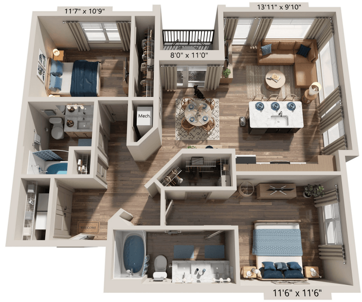Floor plan for 2 beds, 2 baths, 1038 sqft
