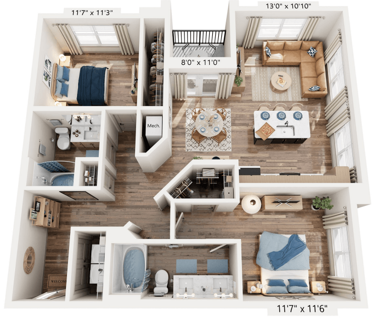 Floor plan for 2 beds, 2 baths, 1090 sqft