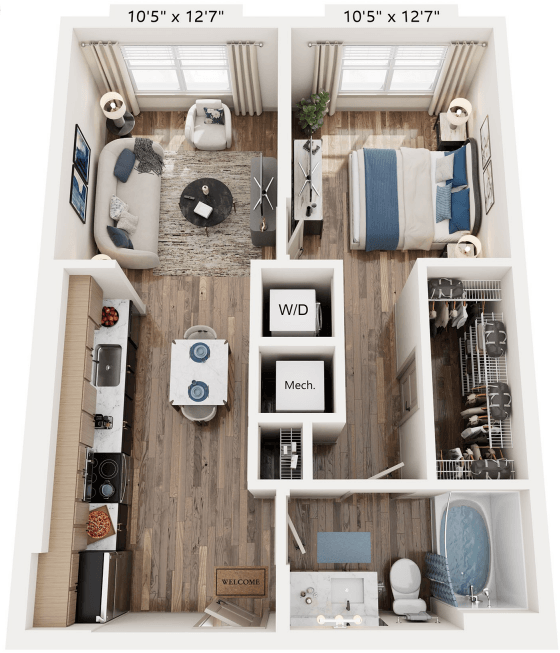 Floor plan for 1 bed, 1 bath, 615 sqft