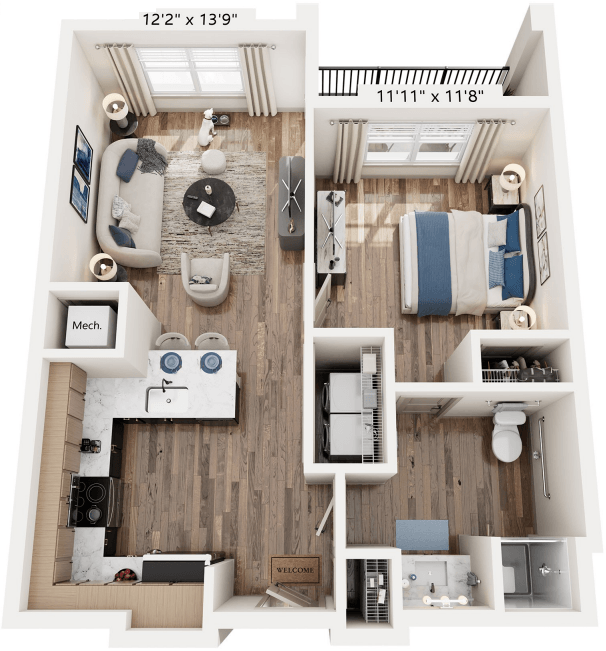 Floor plan for 1 bed, 1 bath, 646 sqft