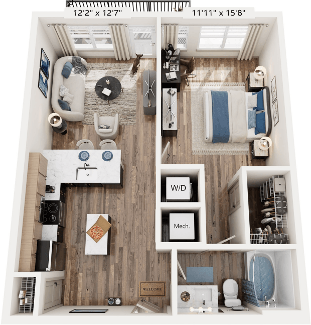 Floor plan for 1 bed, 1 bath, 699 sqft