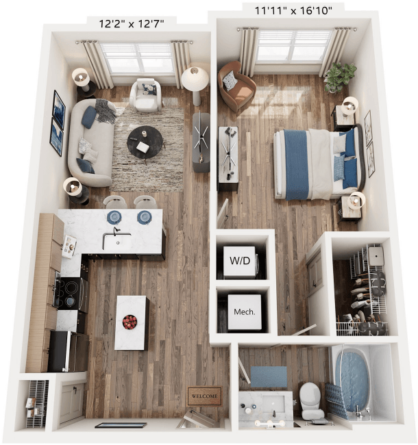Floor plan for 1 bed, 1 bath, 713 sqft
