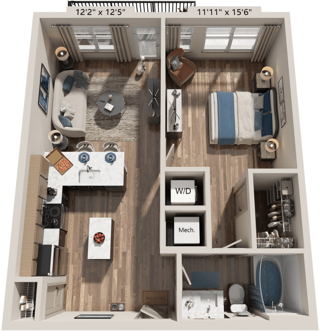 Floor plan for 1 bed, 1 bath, 699 sqft