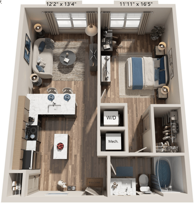 Floor plan for 1 bed, 1 bath, 718 sqft