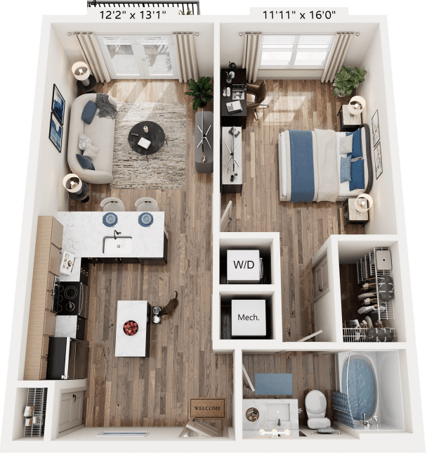 Floor plan for 1 bed, 1 bath, 712 sqft