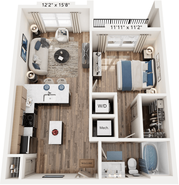 Floor plan for 1 bed, 1 bath, 645 sqft