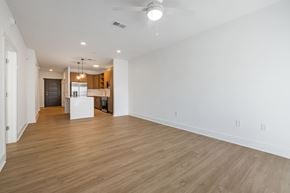 Asheville apartment for rent - A spacious room with wooden flooring and a ceiling fan.