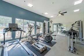 Greensboro apartment for rent - A spacious gym with treadmills, elliptical machines, and other exercise equipment.